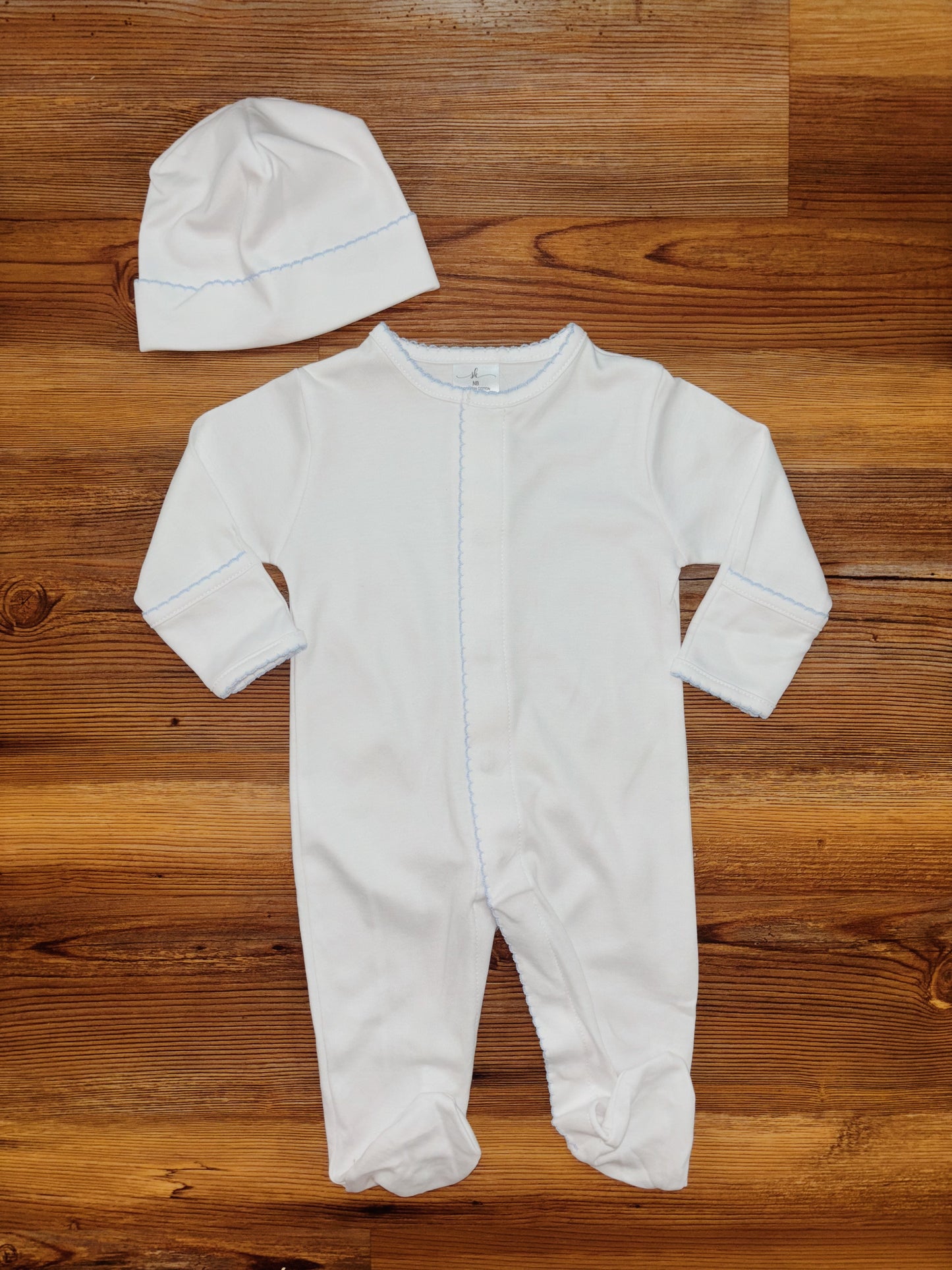 White w/Blue Picot Footie Set