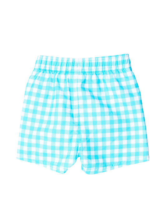 Bright Aqua Gingham Swim Trunks