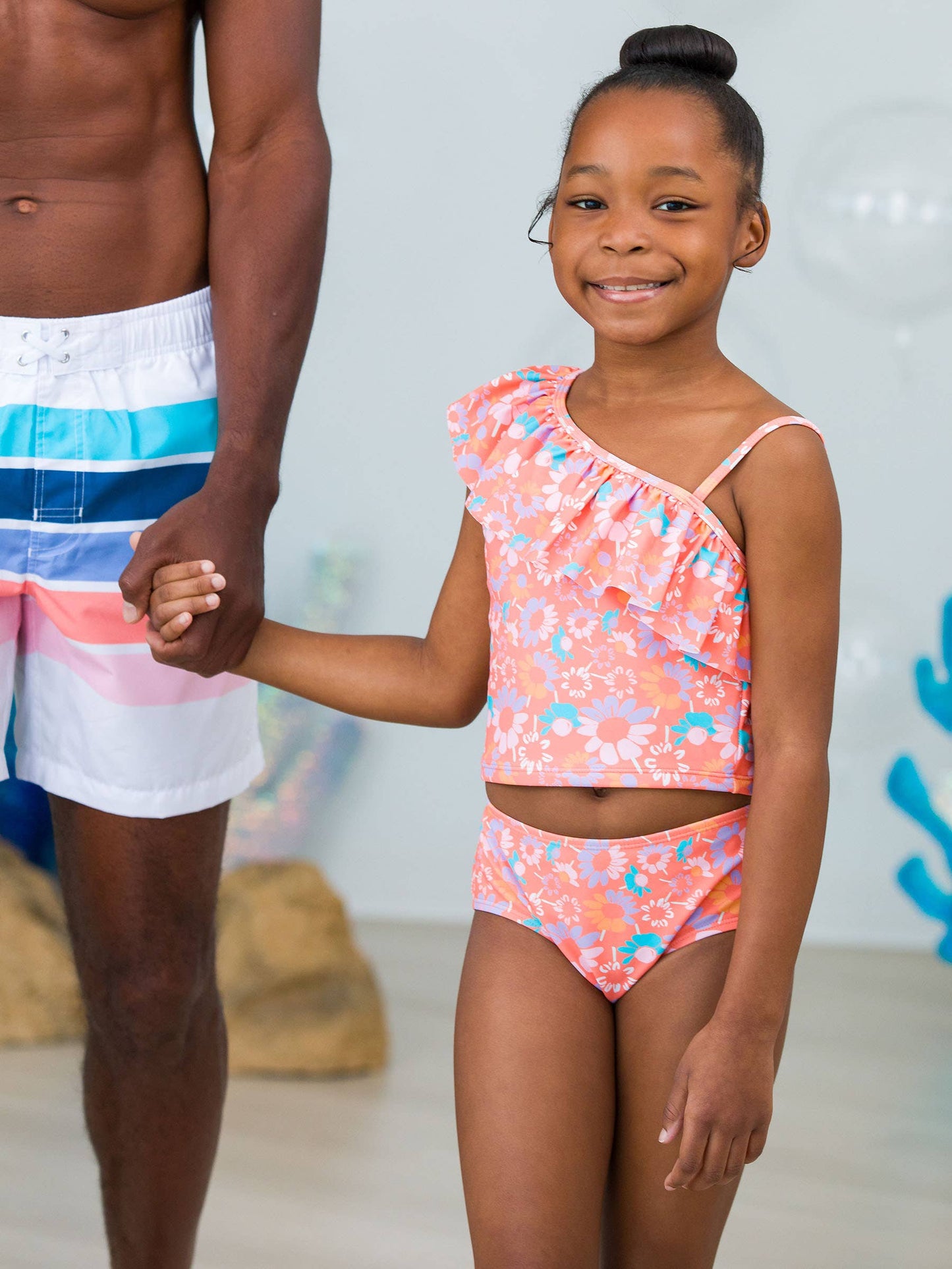 Tween Coral Floral One Shoulder Ruffle Tankini