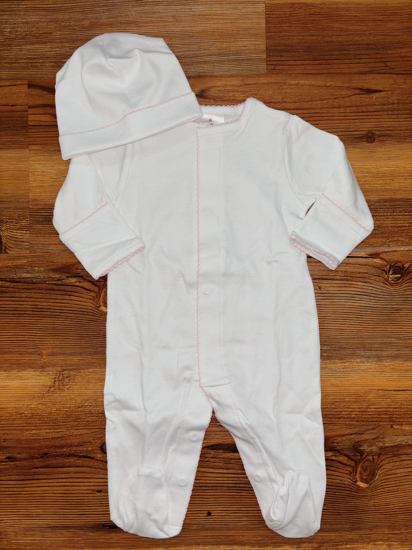 White w/Pink Picot Footie Set