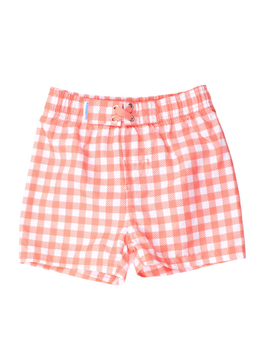 Coral Gingham Swim Trunks