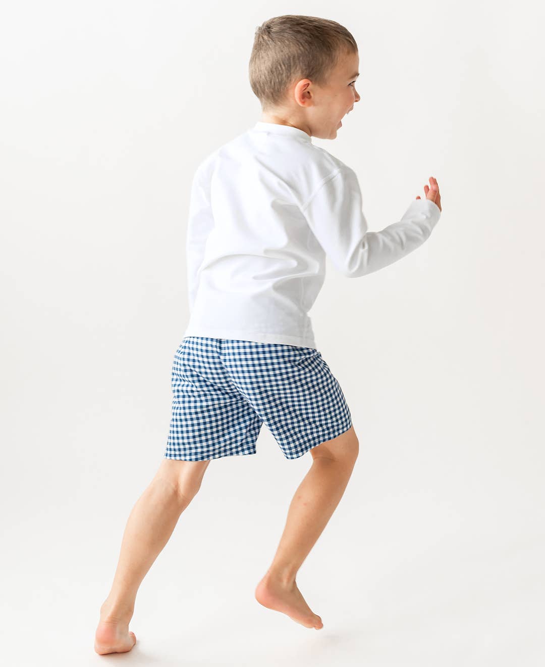 Boys Navy Gingham Swim Trunks