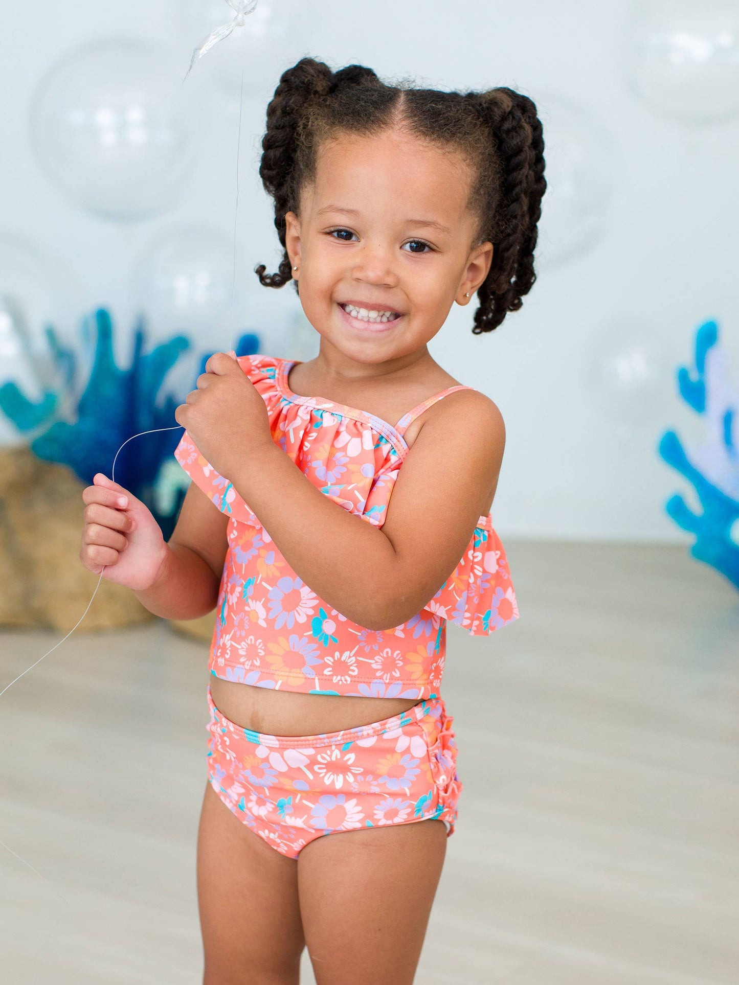 Girls Coral Floral Ruffle Tankini