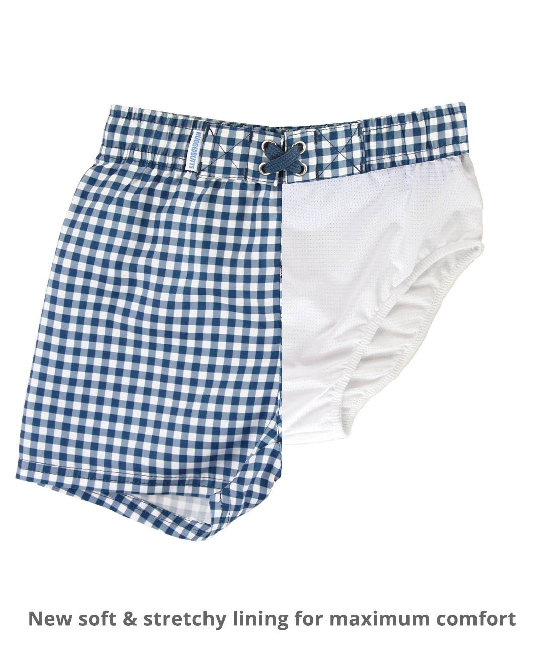 Boys Navy Gingham Swim Trunks