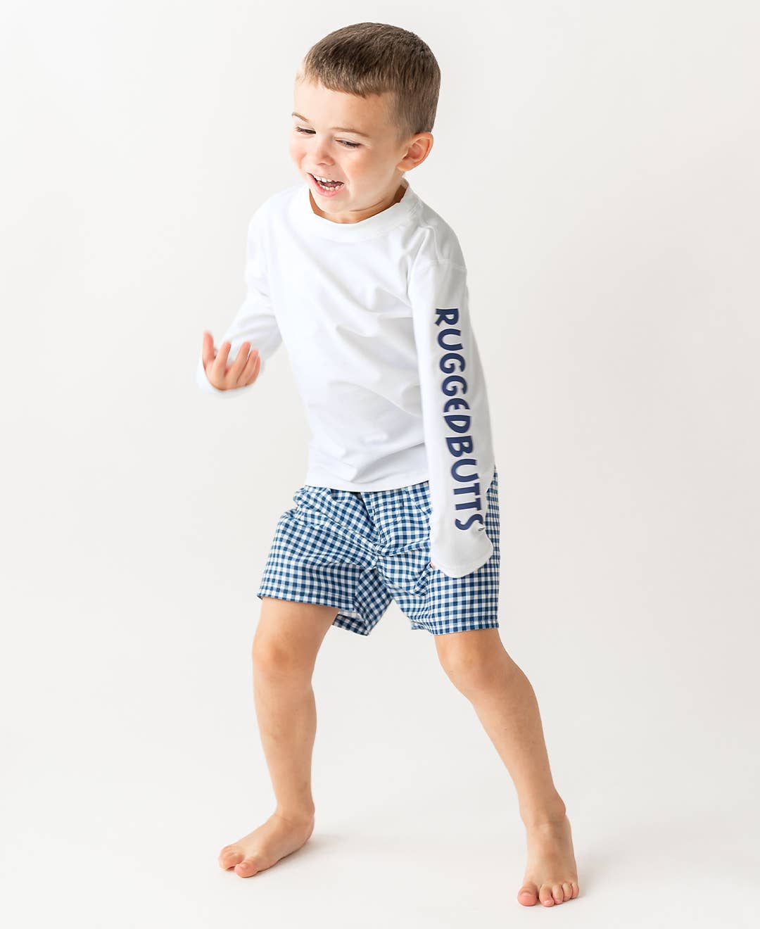 Boys Navy Gingham Swim Trunks