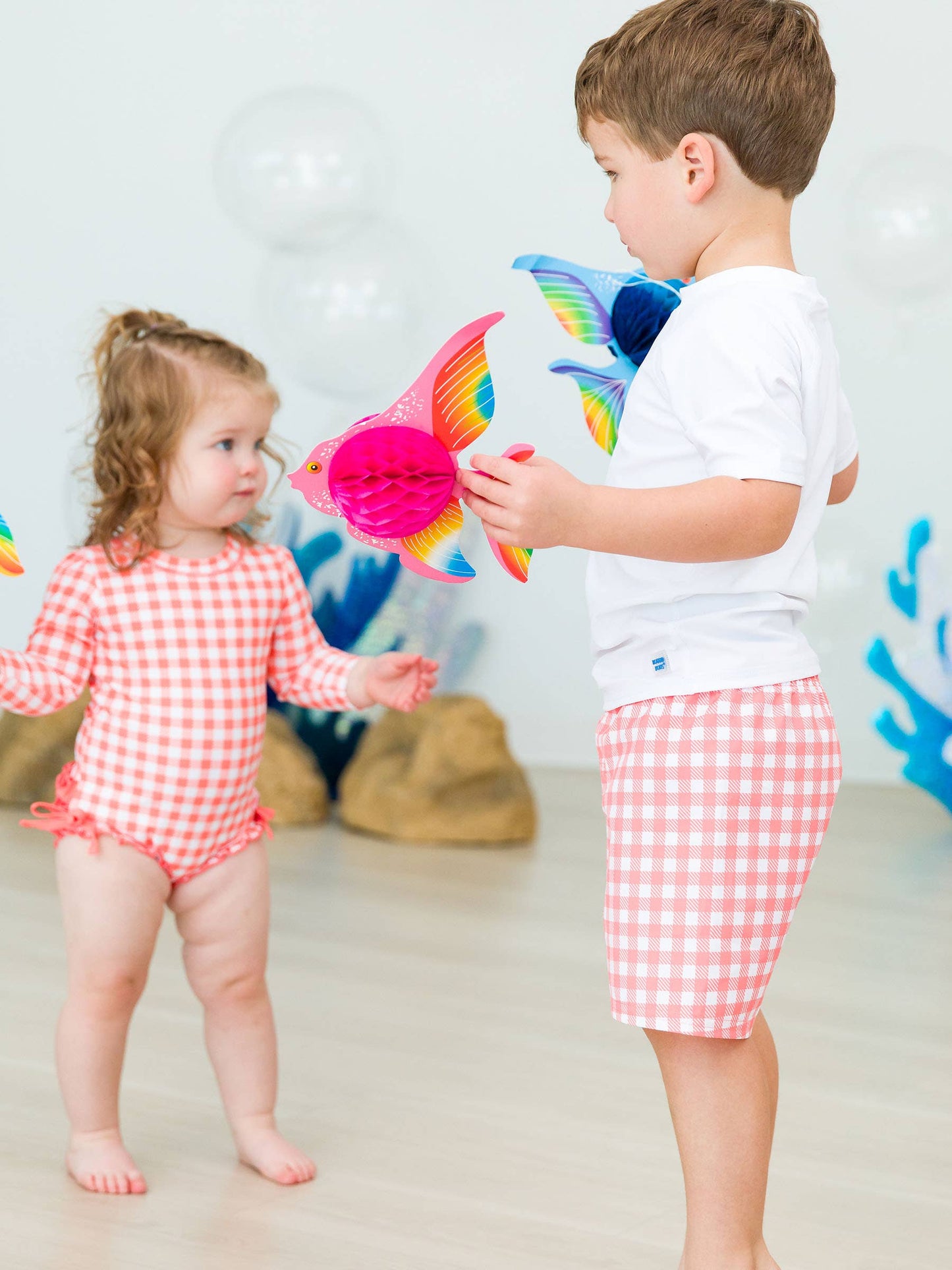 Coral Gingham Swim Trunks