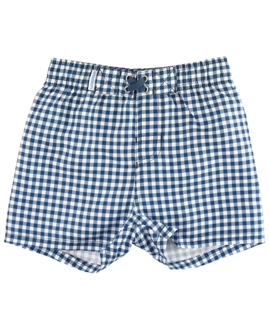 Boys Navy Gingham Swim Trunks