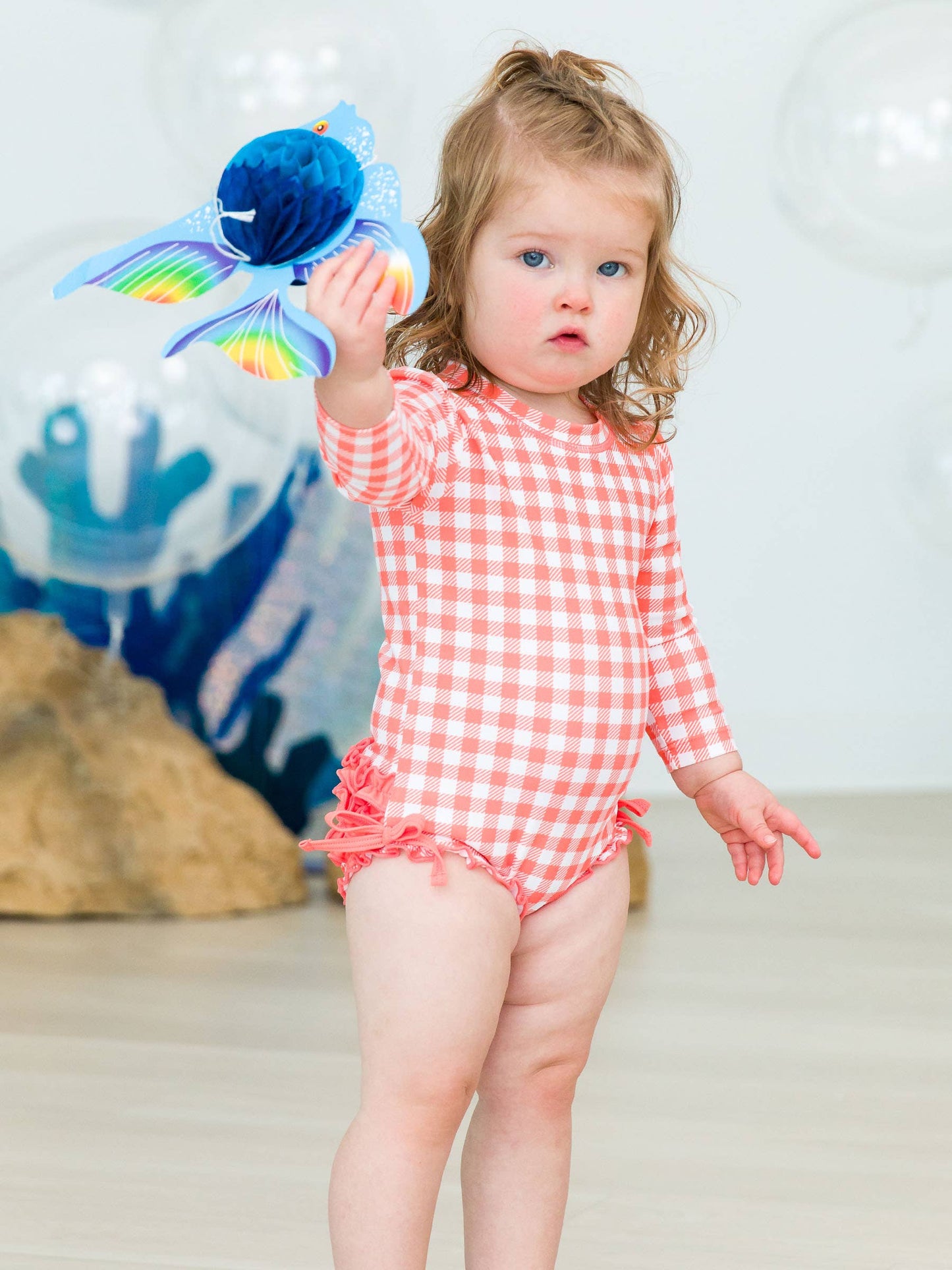 Girls Coral Gingham One Piece