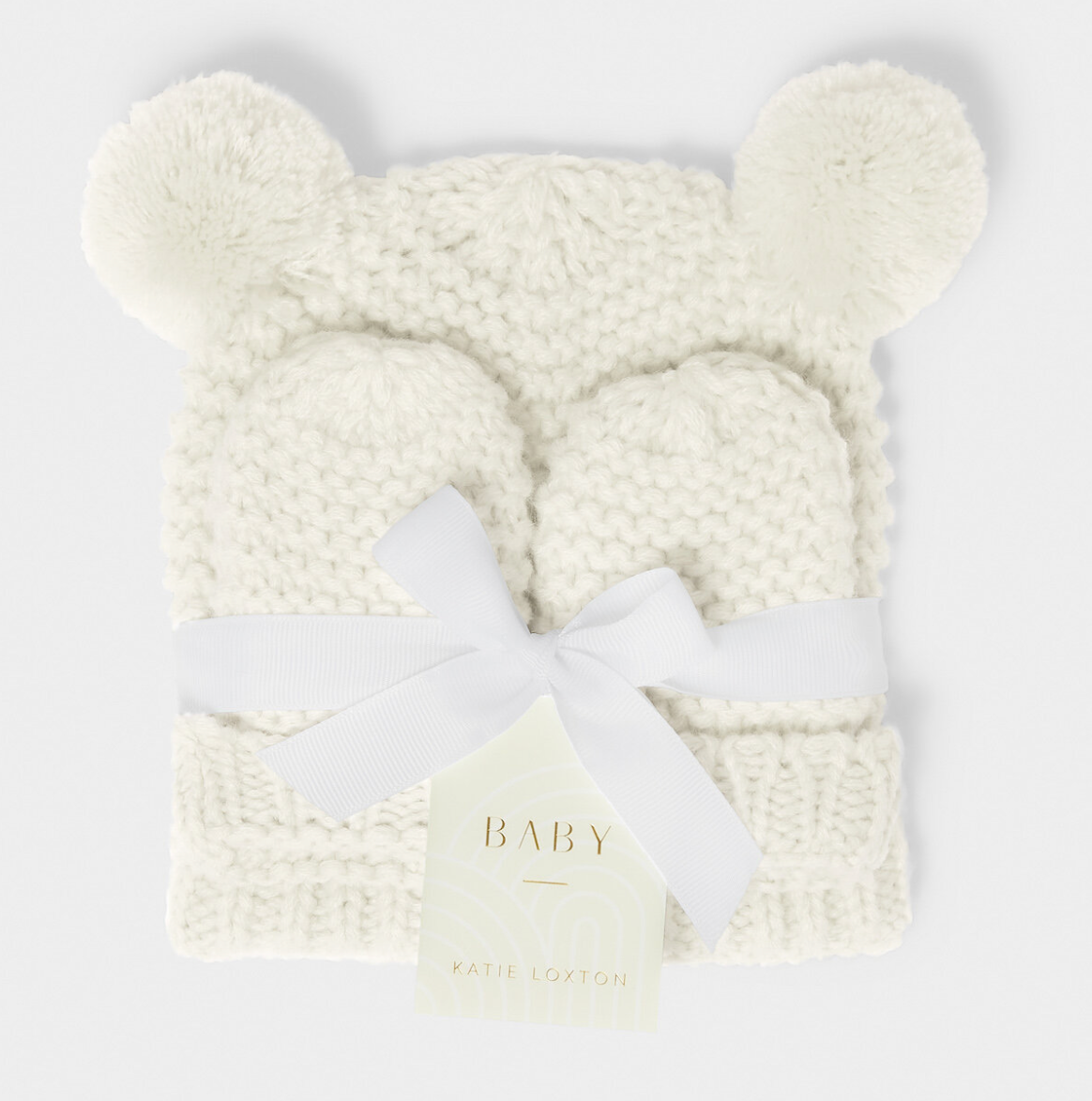 White Knitted Hat & Mittens Set