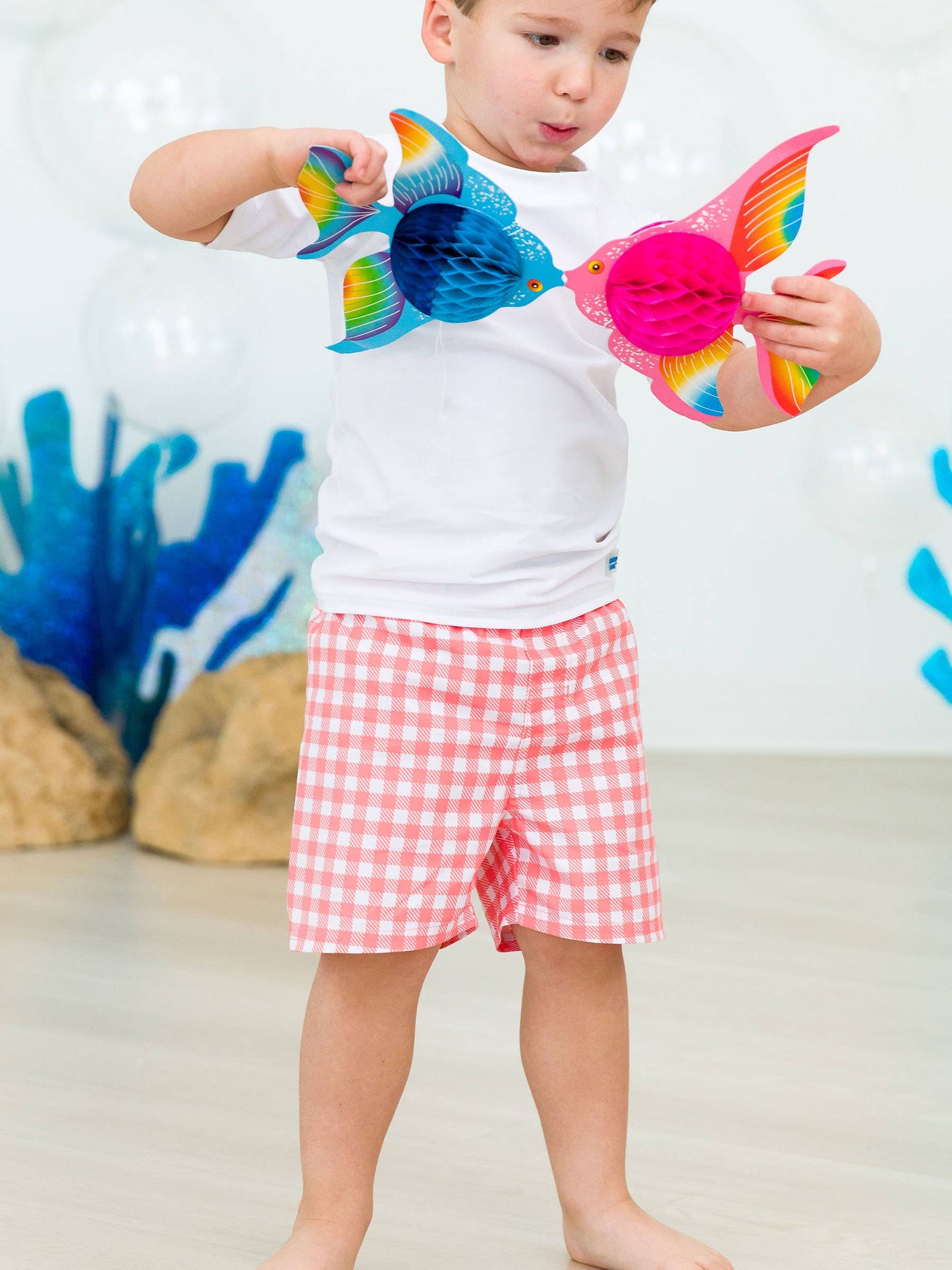 Coral Gingham Swim Trunks