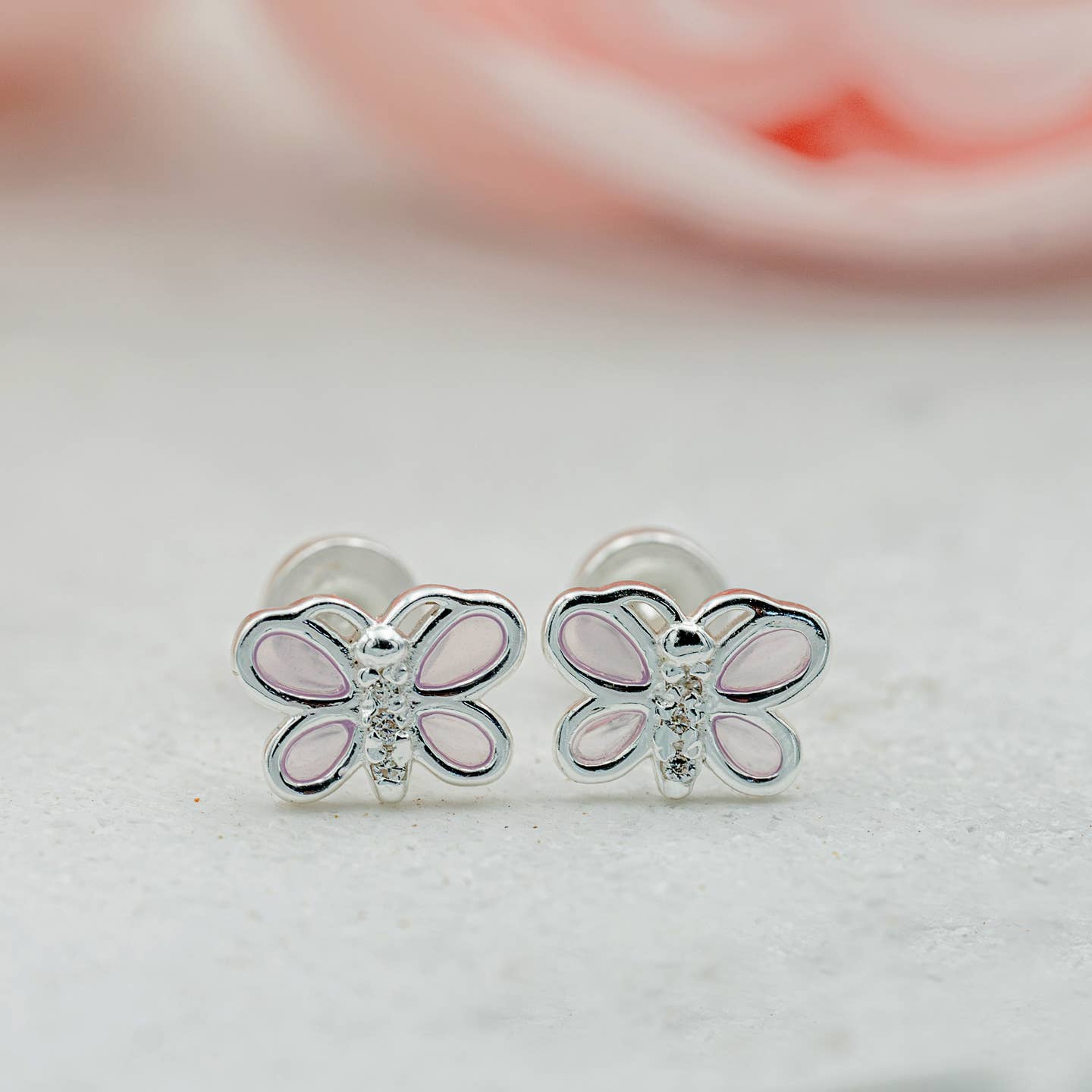 Sterling Silver Pink Butterfly Earrings