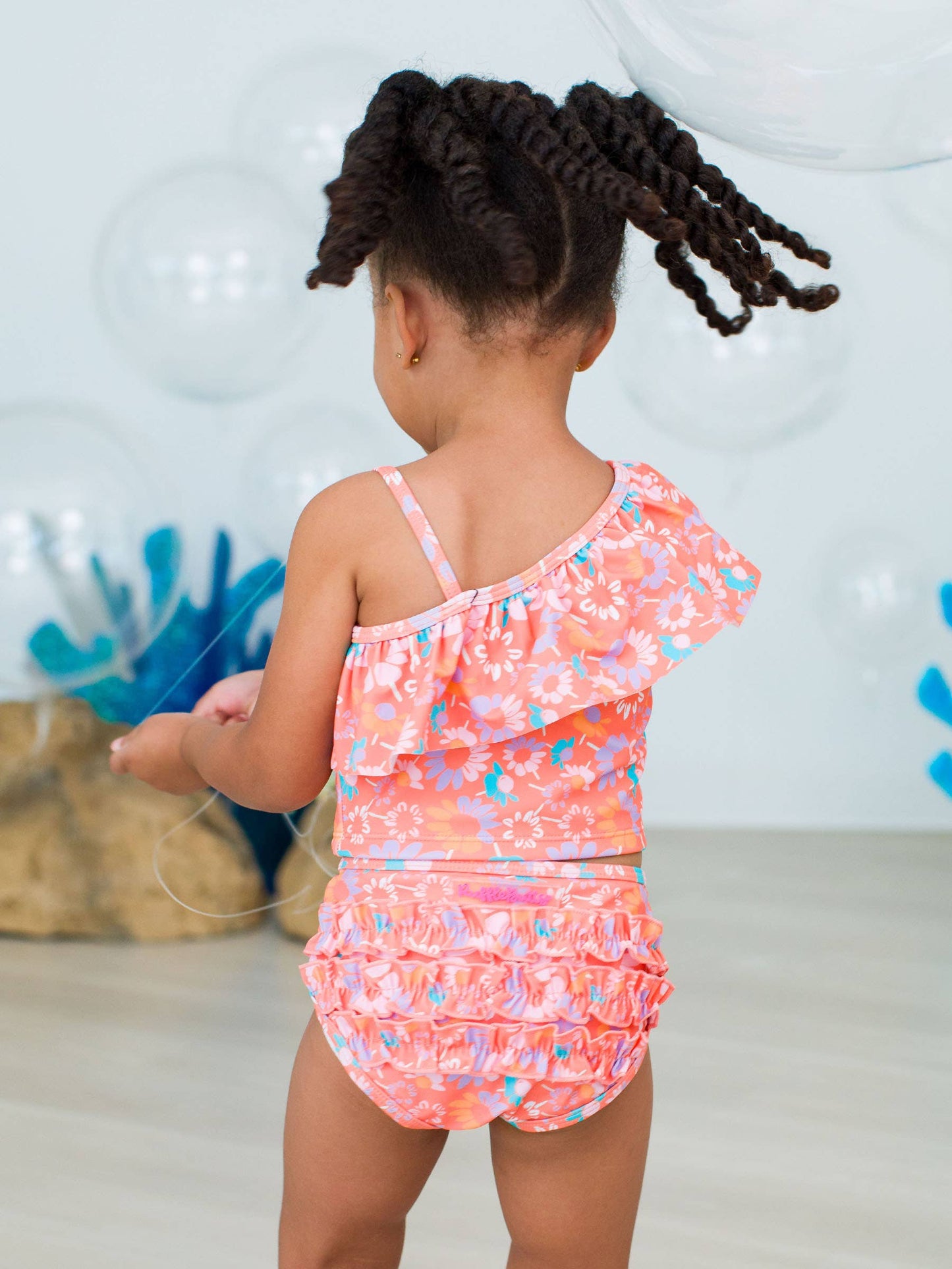 Girls Coral Floral Ruffle Tankini
