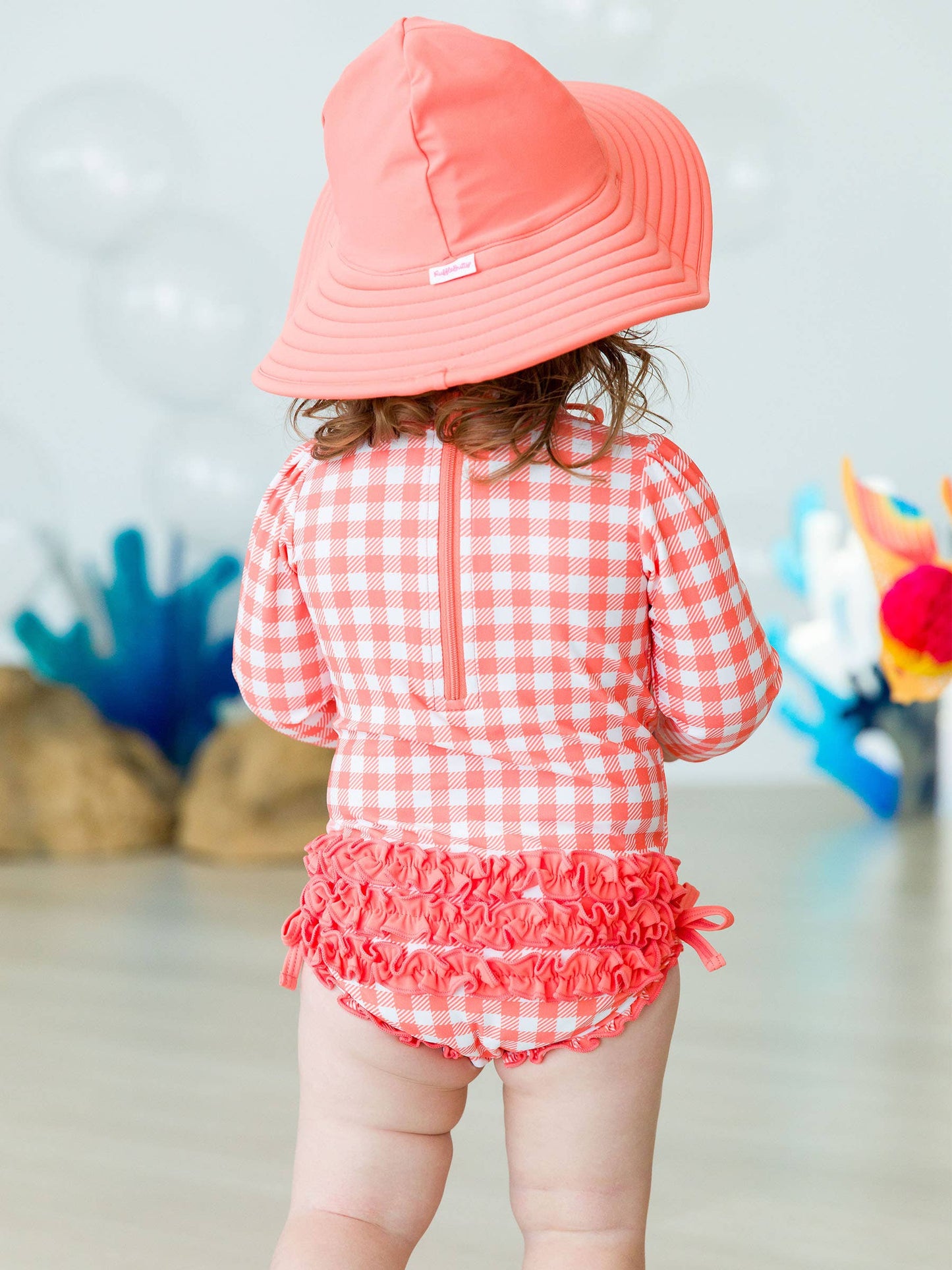 Girls Coral Gingham One Piece