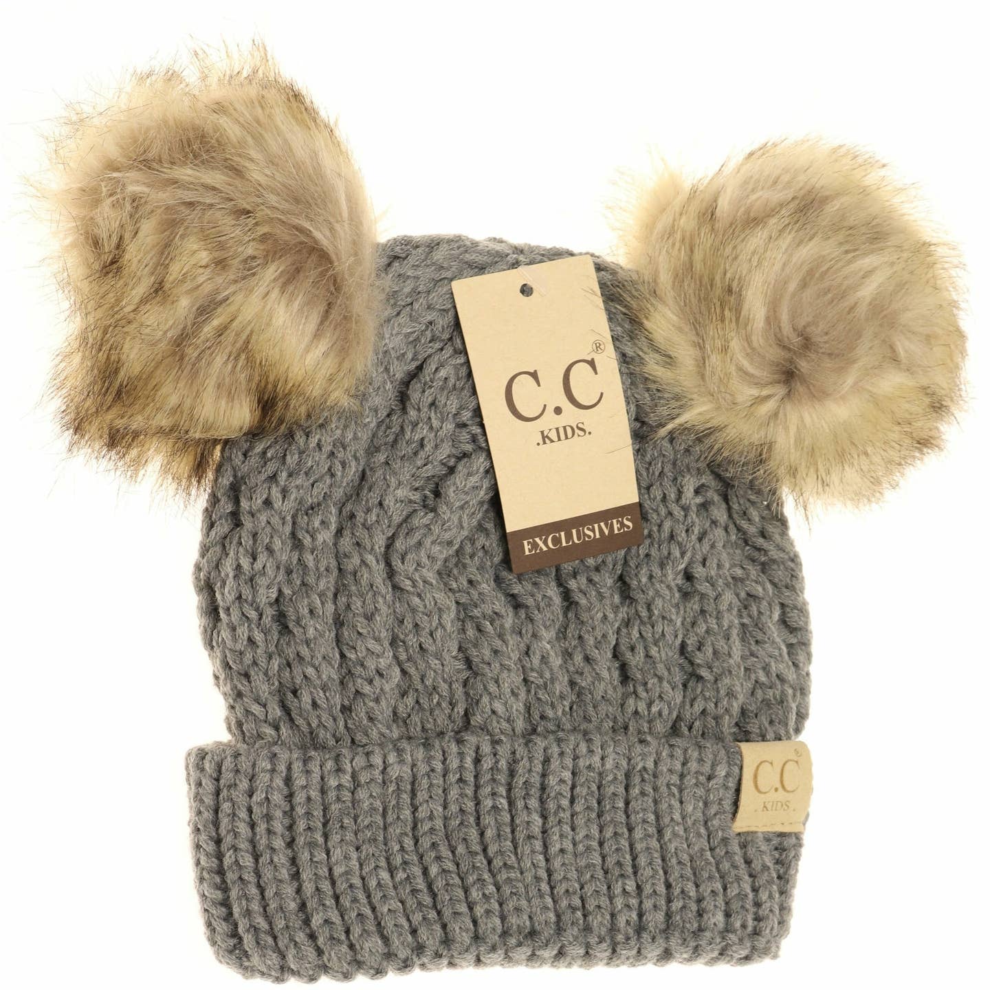 Kids Cable Knit Double Fur Pom Beanie