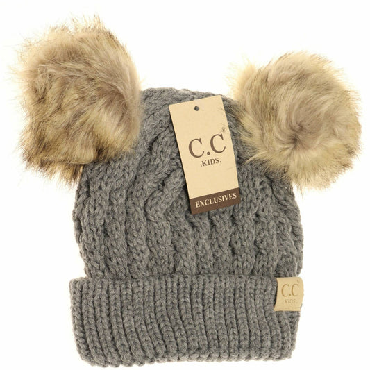 Kids Cable Knit Double Fur Pom Beanie