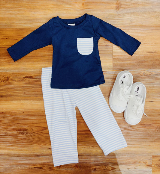 Boys Navy Stripe Pocket Set