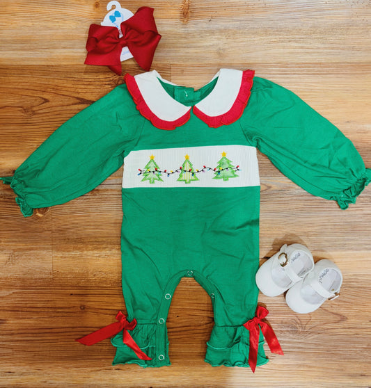 Girls Green Christmas Tree Romper