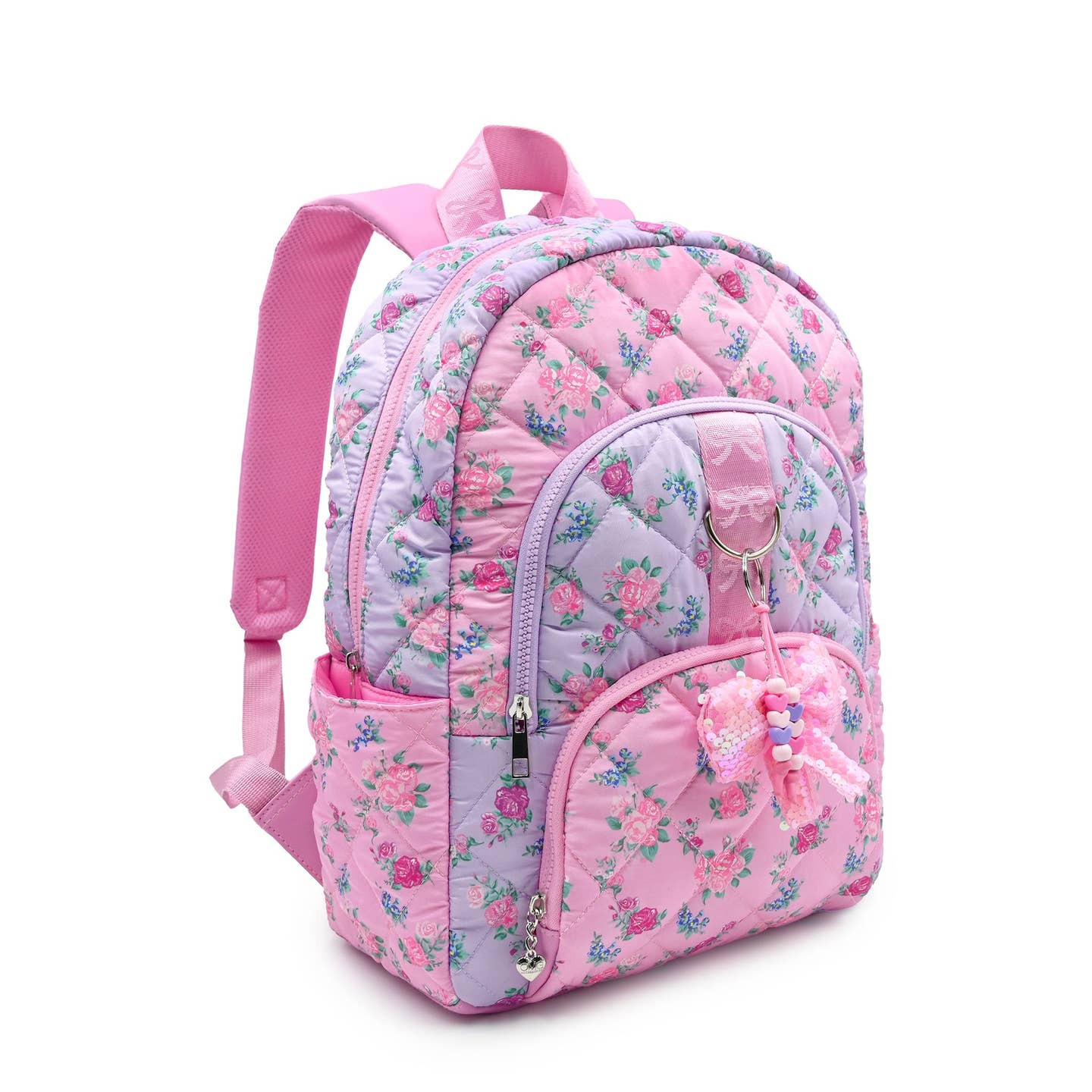2 Tone Floral Quilted Backpack w/ Sequin Charm