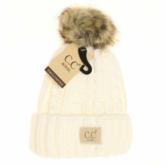 Kids Cable Ribbed Fur Pom Beanie
