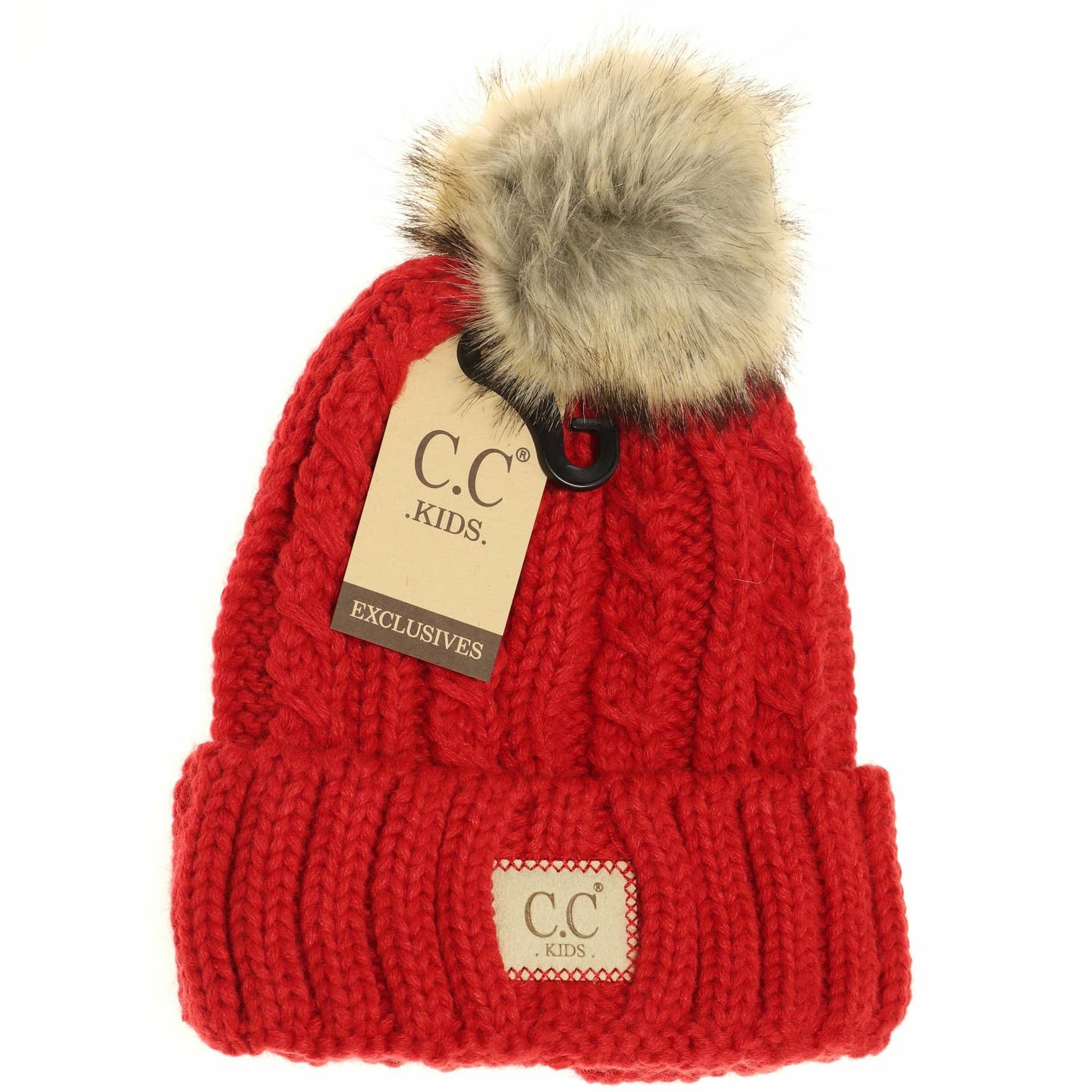 Kids Cable Ribbed Fur Pom Beanie