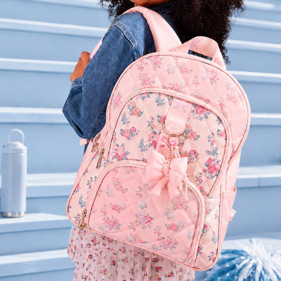 2 Tone Floral Quilted Backpack w/ Bow Charm
