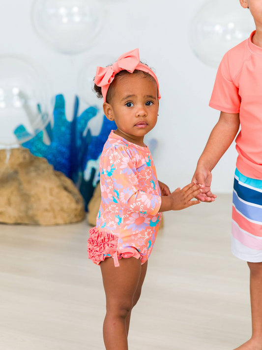 Girls Coral Floral One Piece Rash Guard