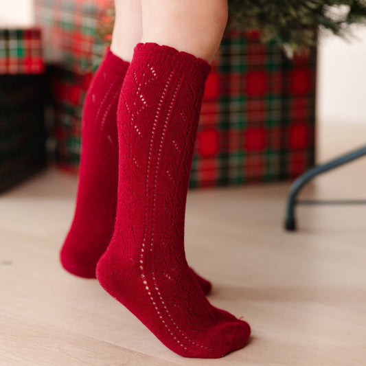 Crimson Fancy Scallop Knee Socks