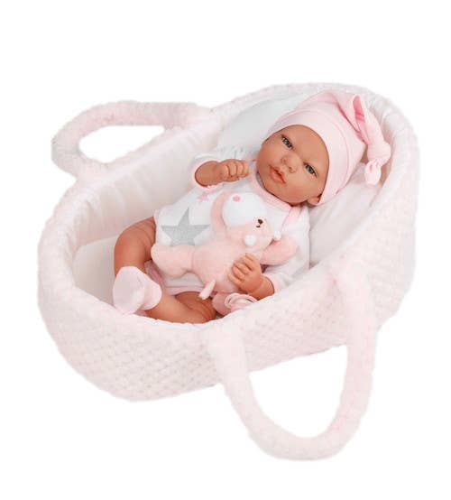 16" Reborn Baby Doll in Pink Bassinet