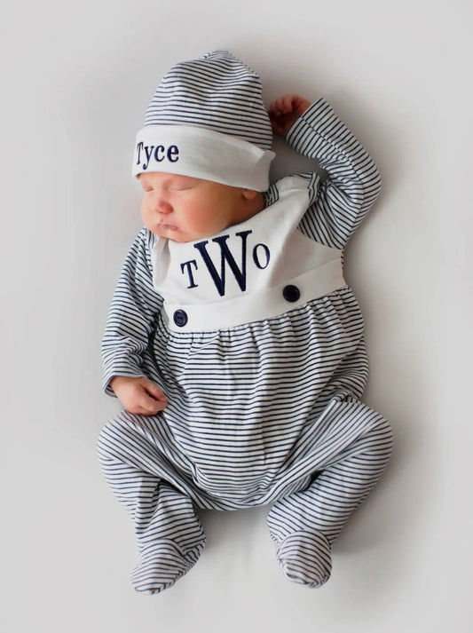 Navy Stripe Bib Front Footie