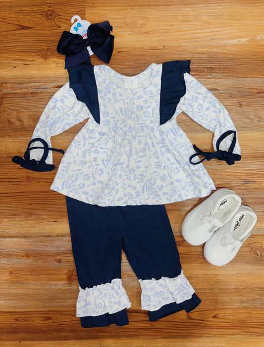 Girls Navy Floral Ruffle Set