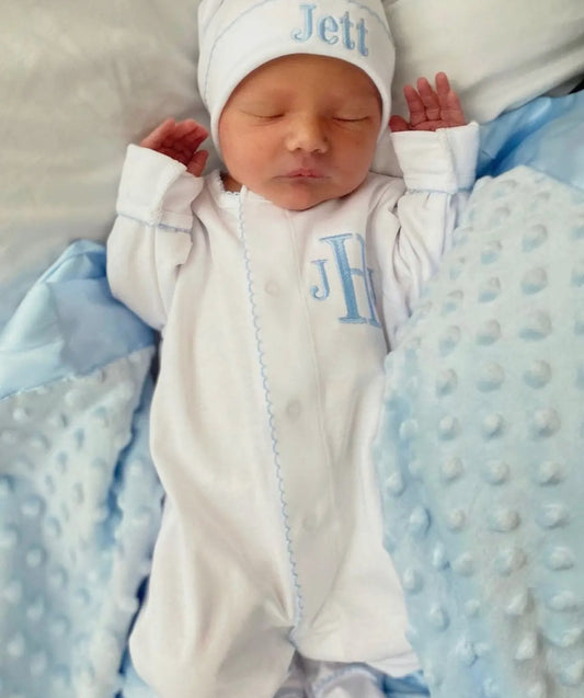 White w/Blue Picot Footie Set