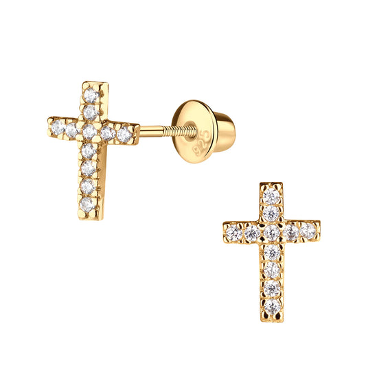 14K Gold Plated Cross CZ Earrings