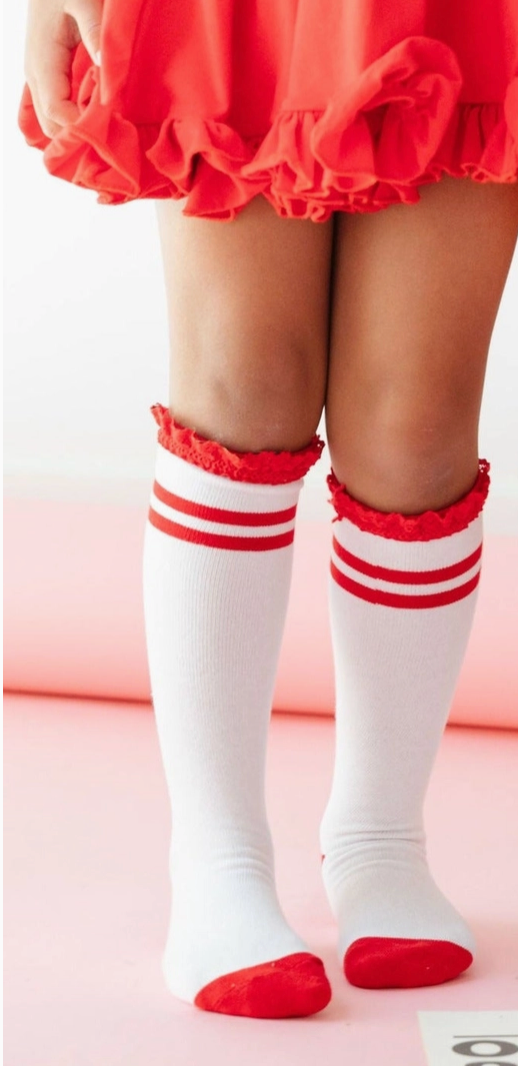 Apple Red Striped Lace Knee Socks