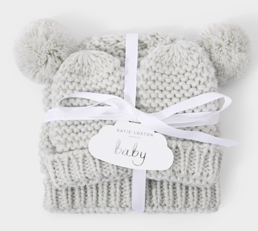 Grey Knitted Hat & Mittens Set