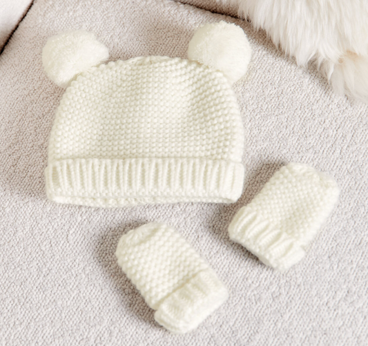 White Knitted Hat & Mittens Set