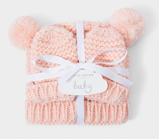 Pink Knitted Hat & Mittens Set