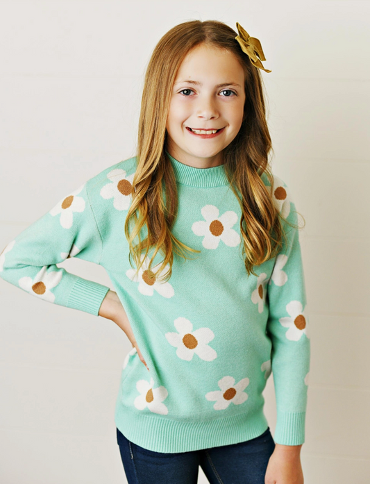 Mint teal Flower Sweater