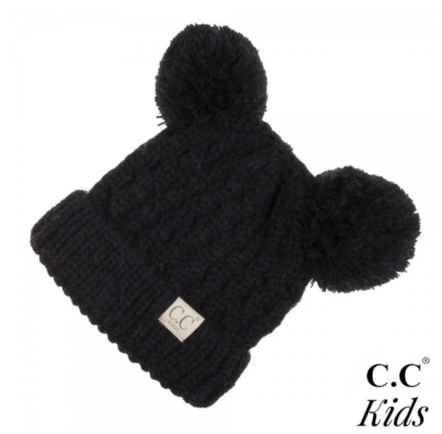 Kids Cable Knit Double Pom Beanie