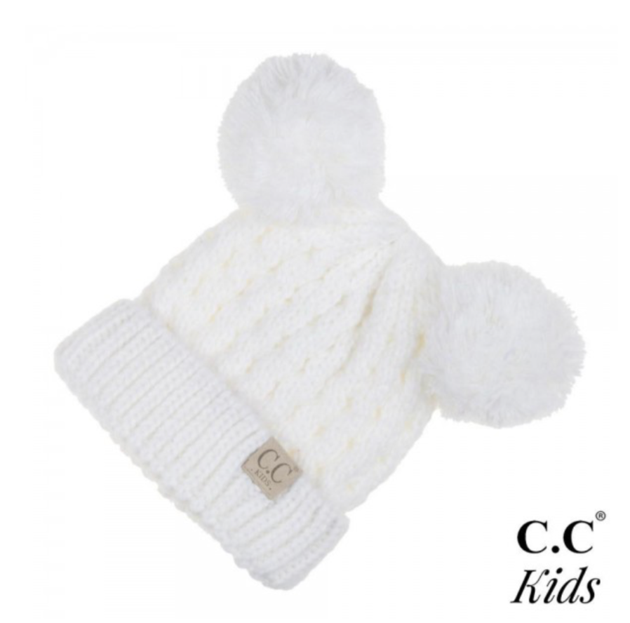 Kids Cable Knit Double Pom Beanie