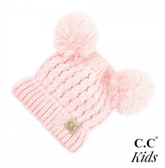 Kids Cable Knit Double Pom Beanie