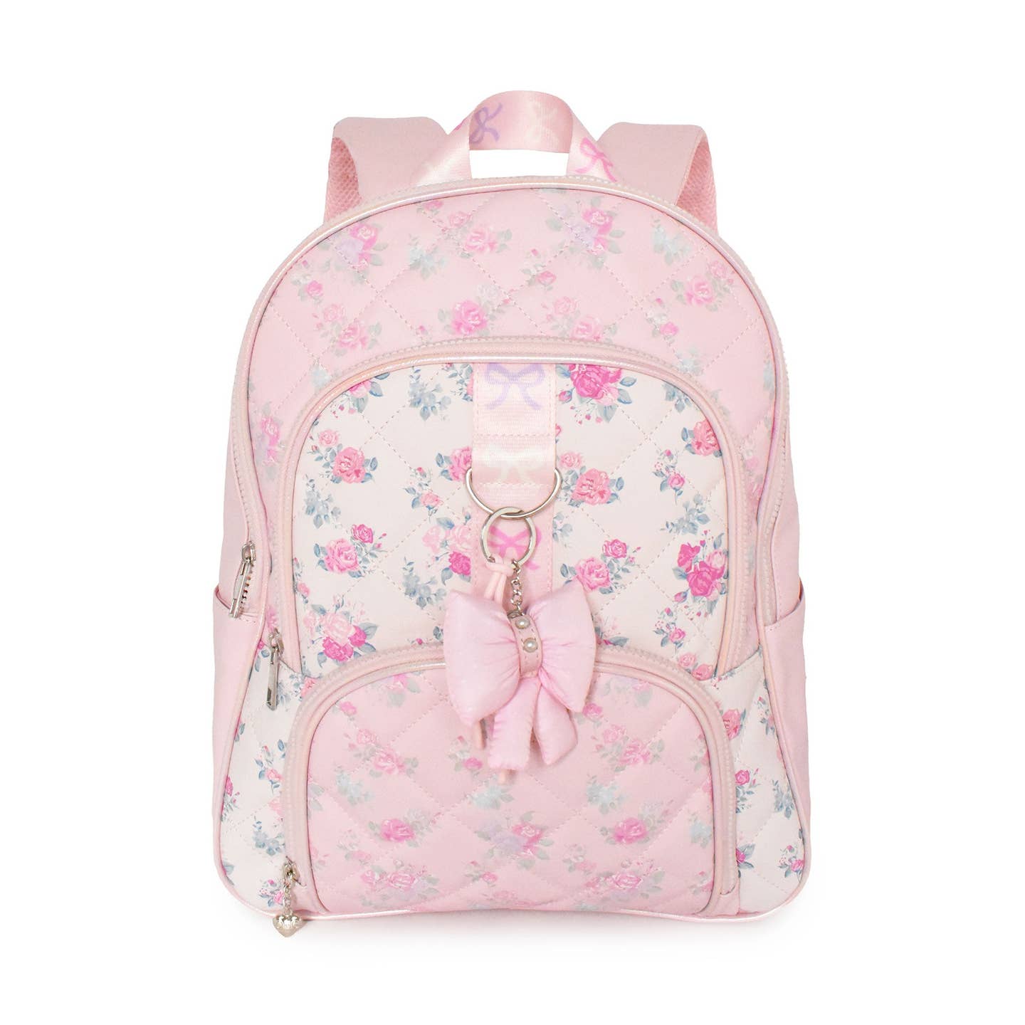 2 Tone Floral Quilted Backpack w/ Bow Charm