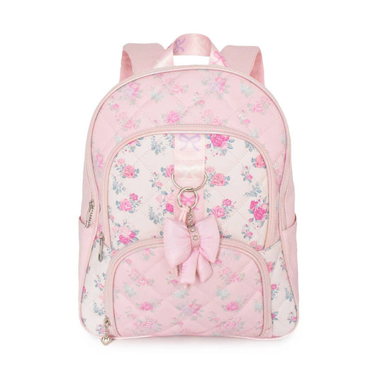 2 Tone Floral Quilted Backpack w/ Bow Charm