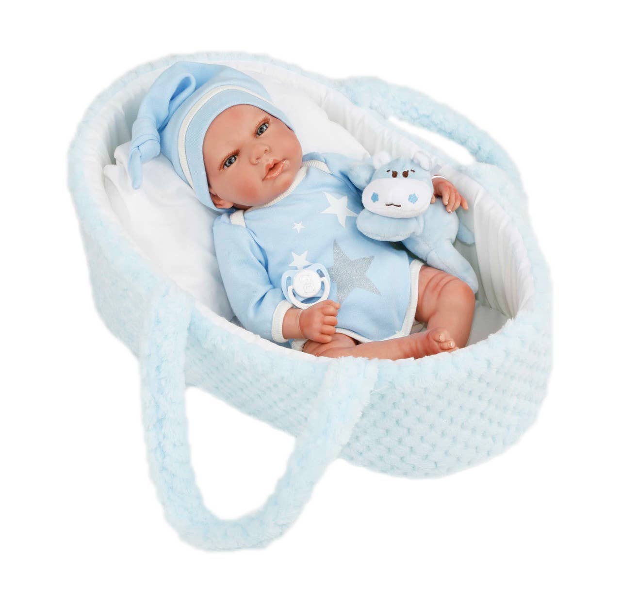 16" Nicolas Reborn Baby Doll in Blue Bassinet