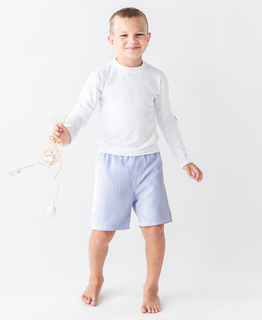 Periwinkle Blue Seersucker Swim Trunks