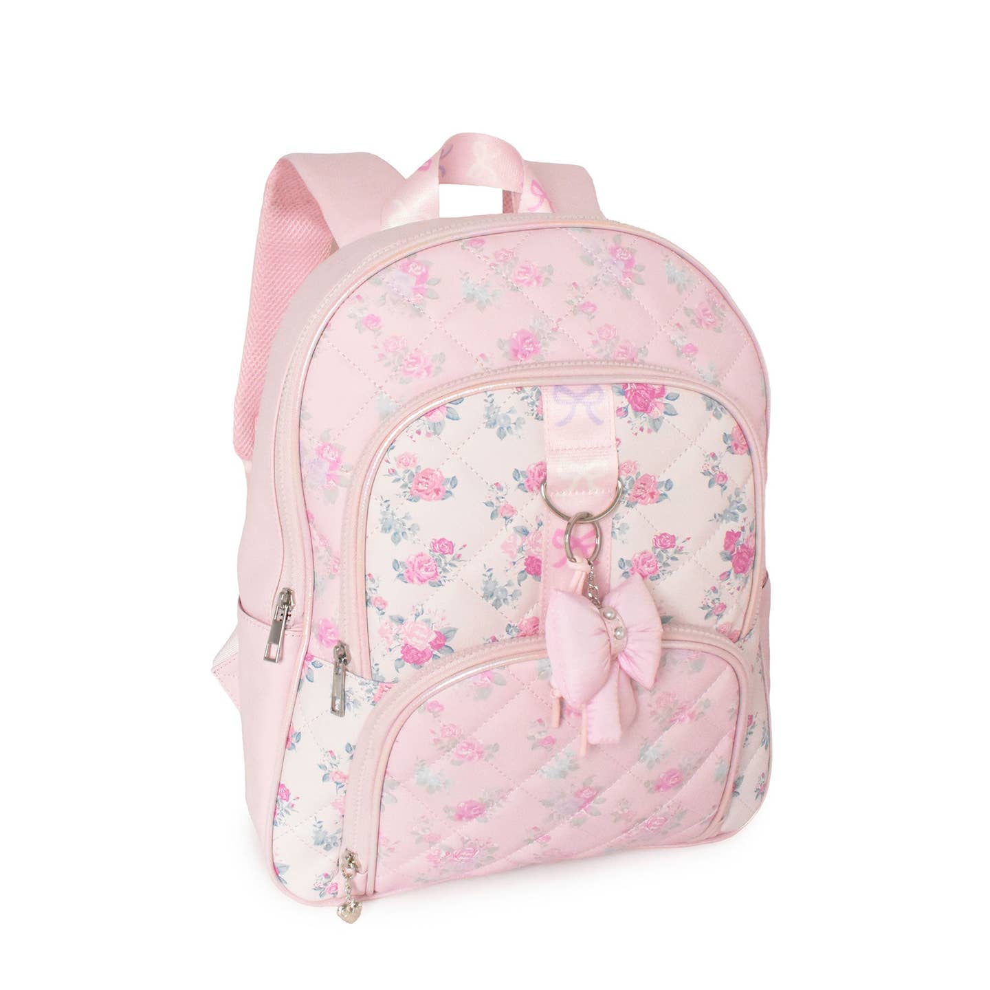2 Tone Floral Quilted Backpack w/ Bow Charm