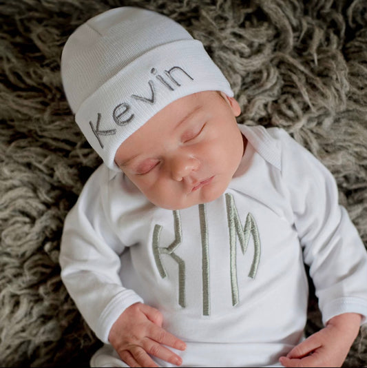 White Newborn Onesie and White Hat Set