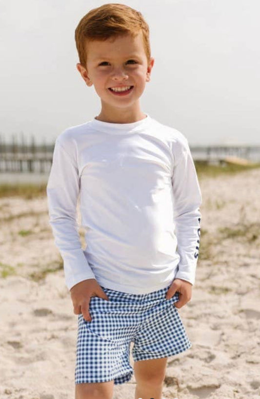 Navy Gingham Swim Trunks