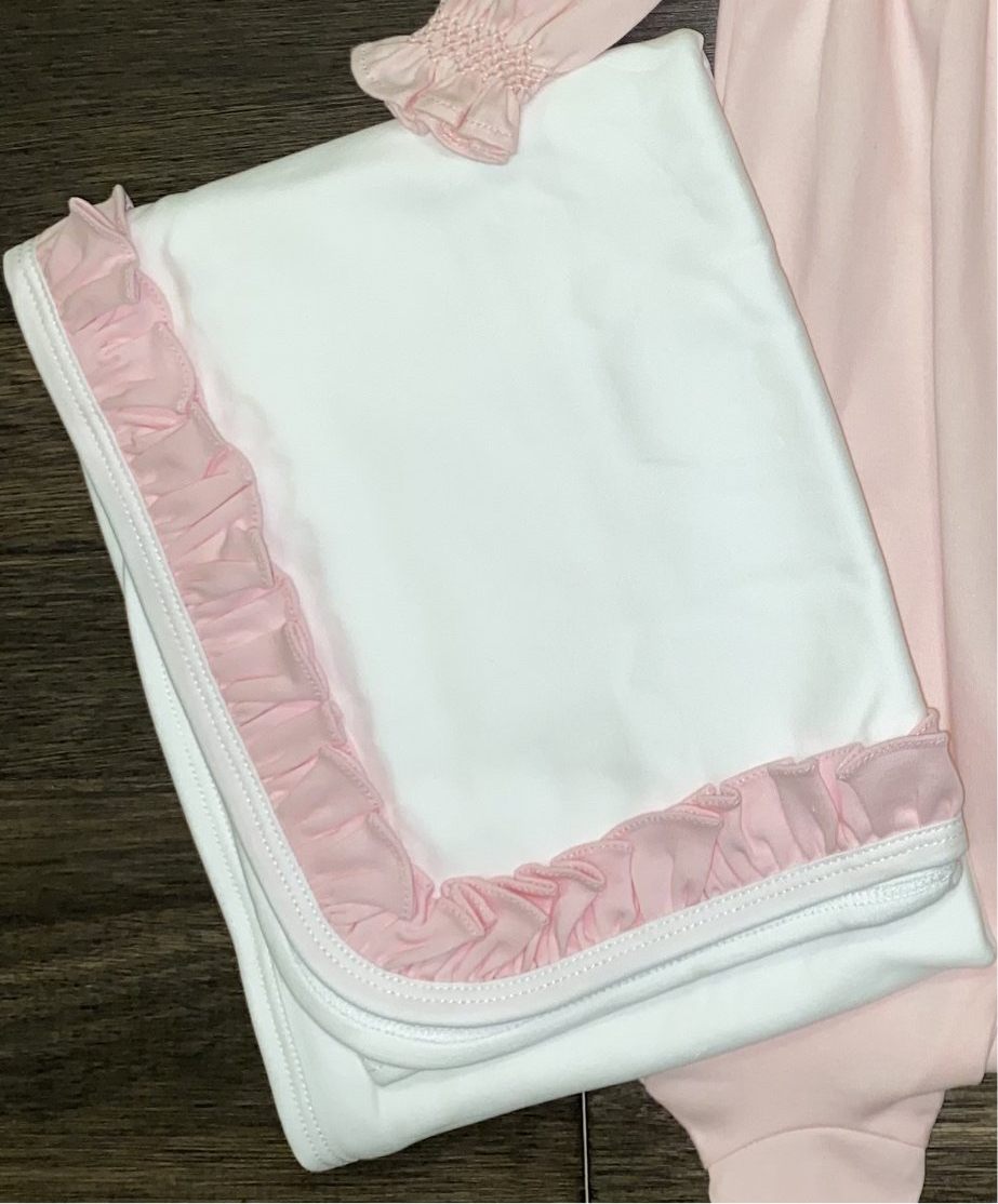 White Pima Blanket W Pink Ruffles